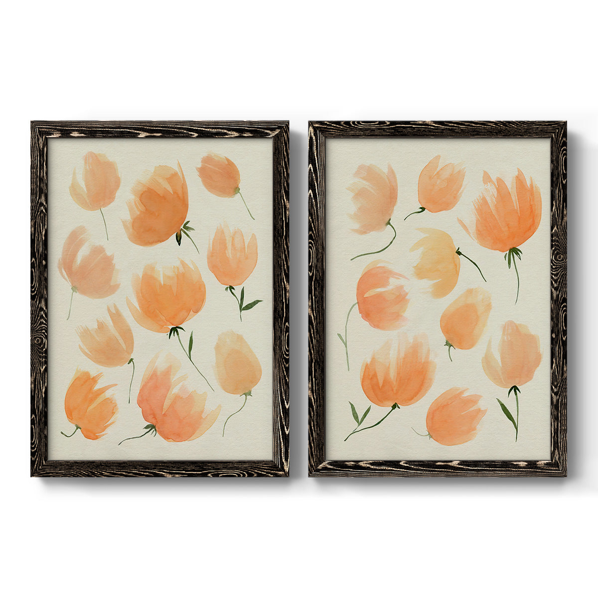 Set of two black barnwood framed canvas prints featuring two airy watercolor floral paintings featuring loose peach-orange tulip-like blossoms.