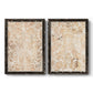 Set of two black barnwood framed canvas prints featuring two vintage decorative prints featuring ornate cream floral damask patterns.