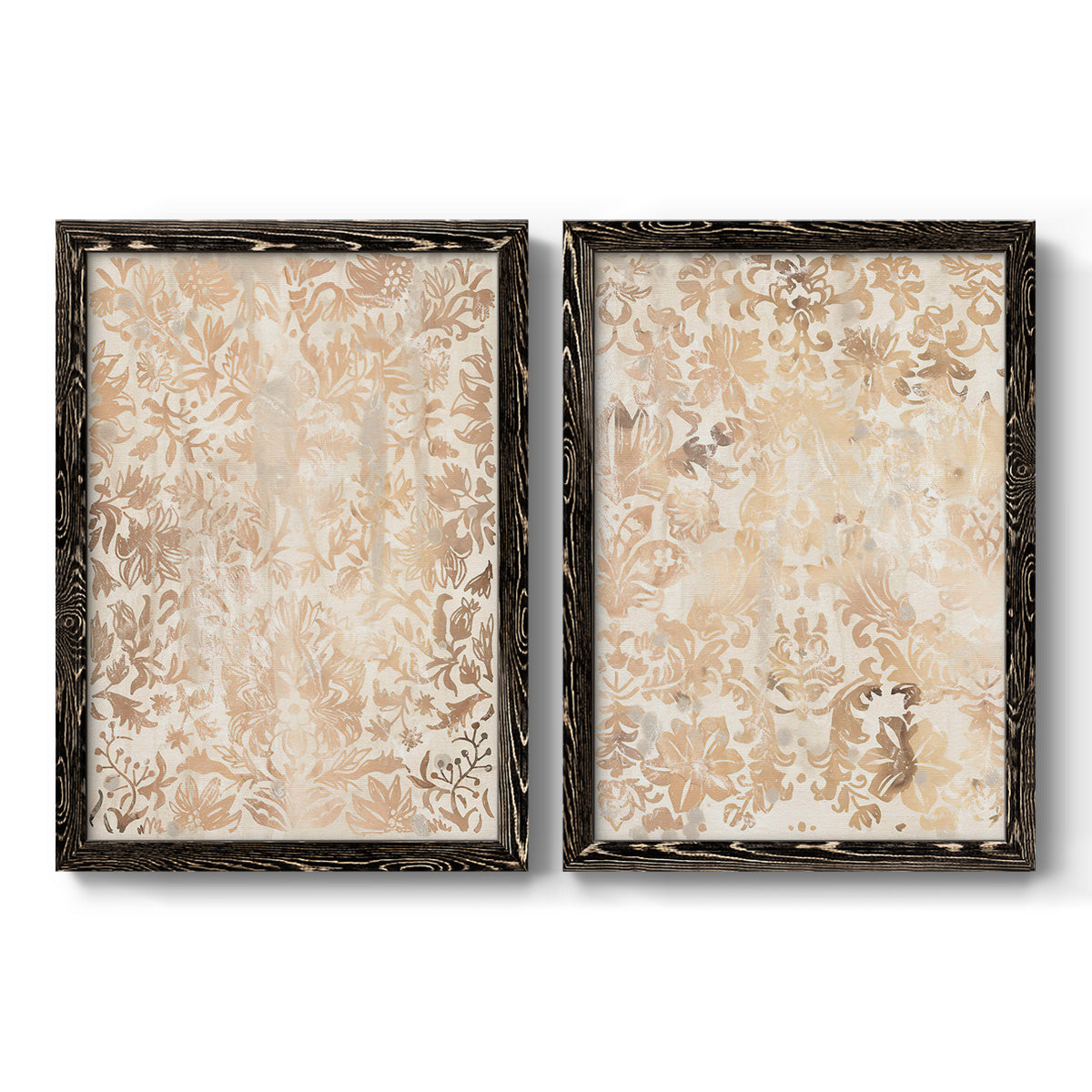 Set of two black barnwood framed canvas prints featuring two vintage decorative prints featuring ornate cream floral damask patterns.
