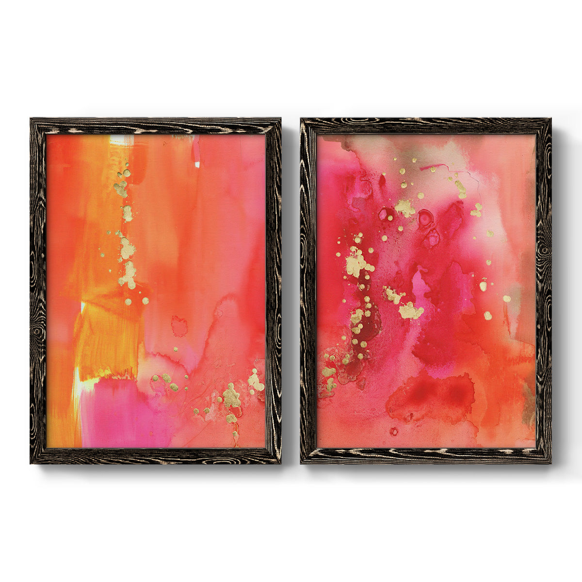 Set of two black barnwood framed canvas prints featuring two glamorous fluid abstracts featuring luminous coral orange and pink color fields with gold flecks.