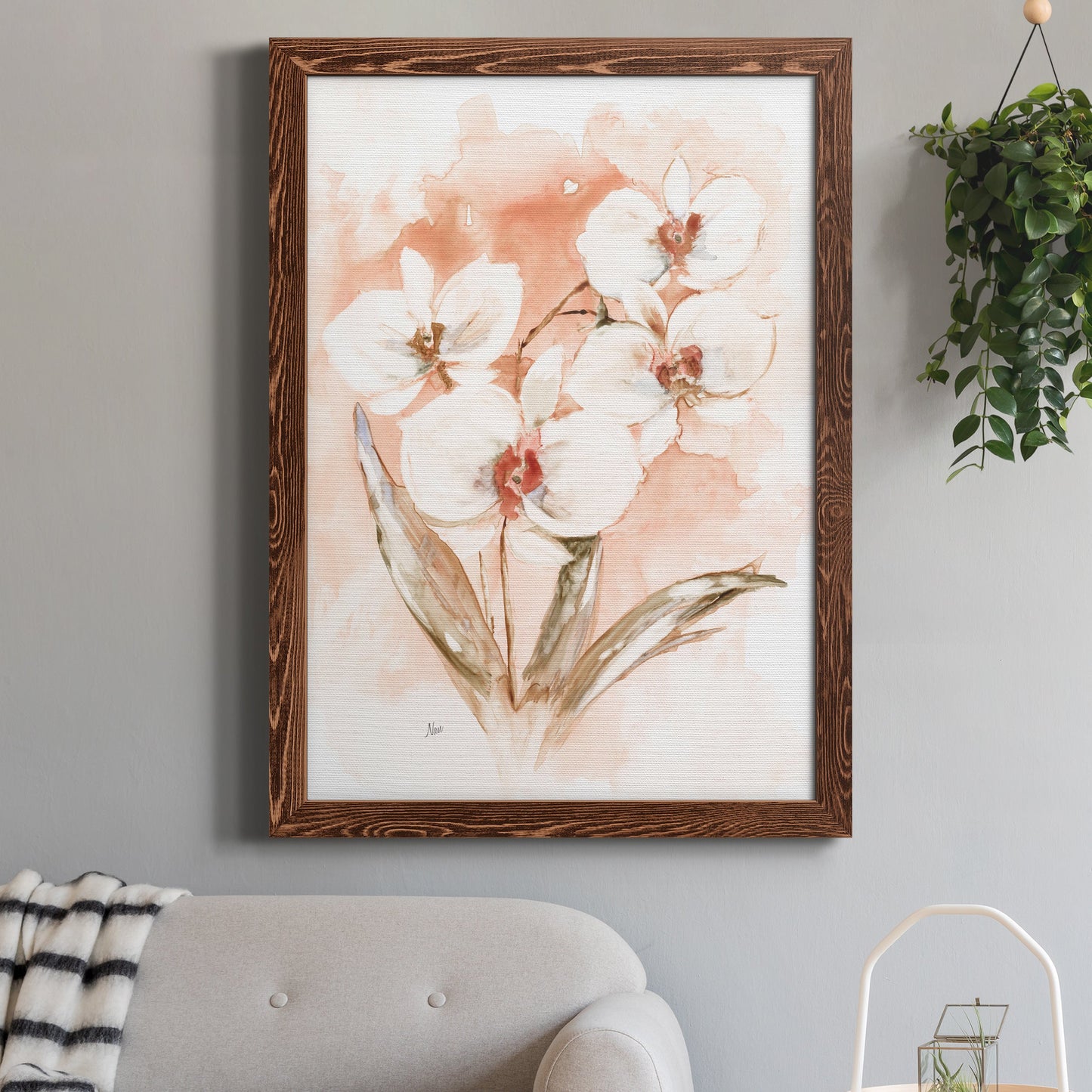 White and Coral Orchid I - Barnwood Framed Canvas Print