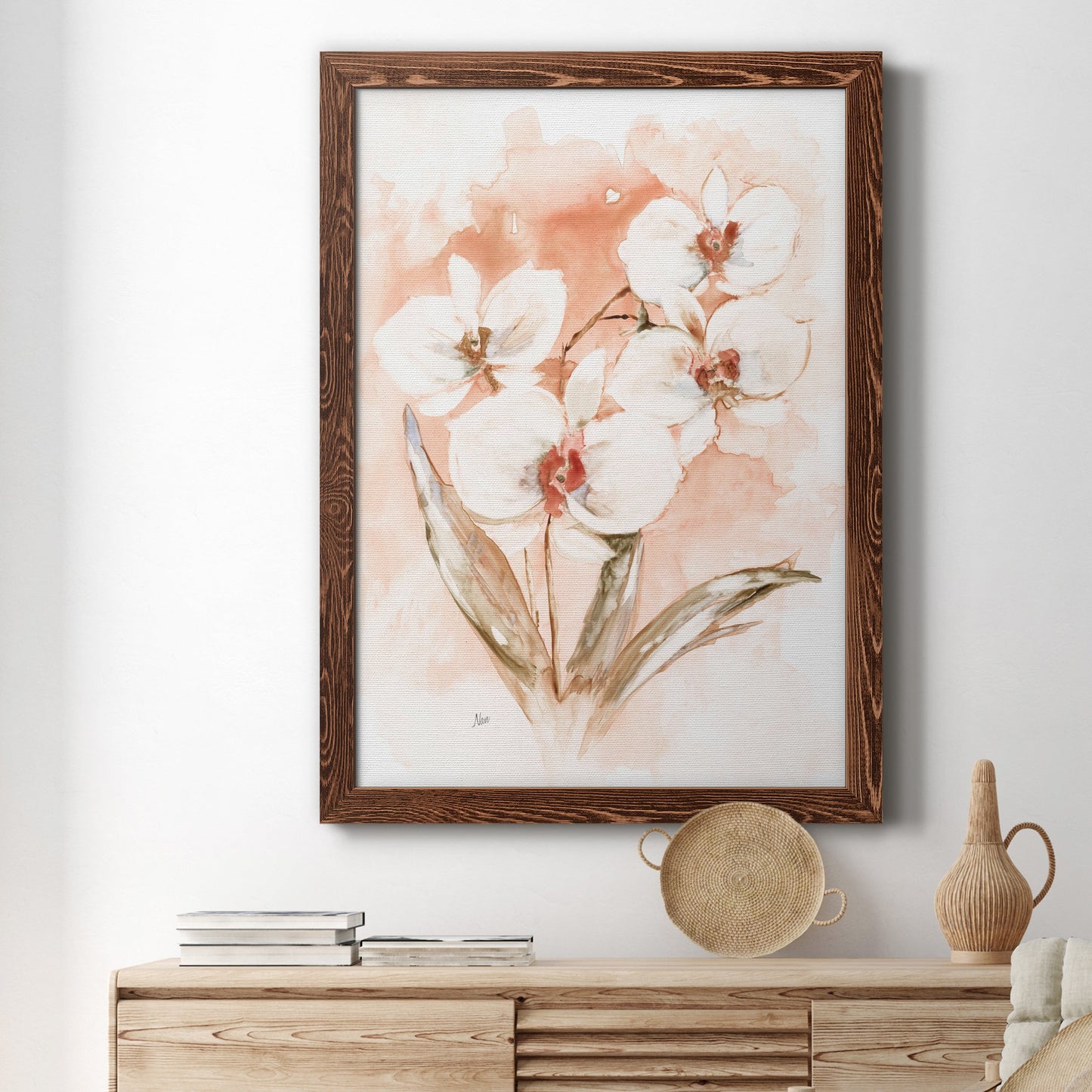 White and Coral Orchid I - Barnwood Framed Canvas Print
