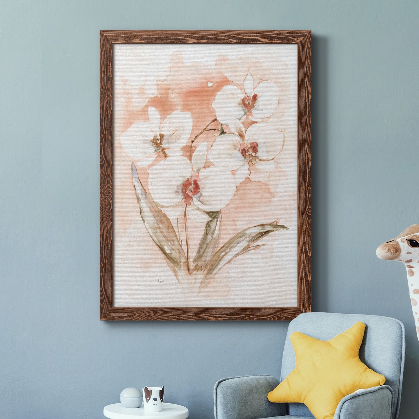 White and Coral Orchid I - Barnwood Framed Canvas Print