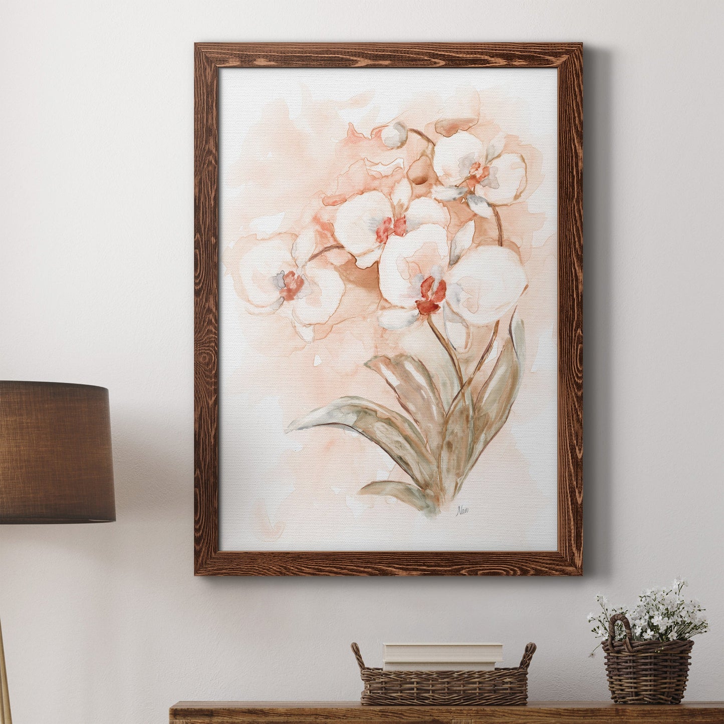White and Coral Orchid II - Barnwood Framed Canvas Print