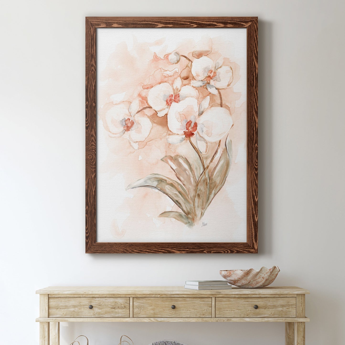 White and Coral Orchid II - Barnwood Framed Canvas Print