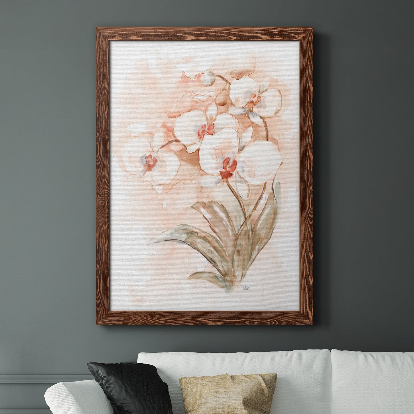 White and Coral Orchid II - Barnwood Framed Canvas Print