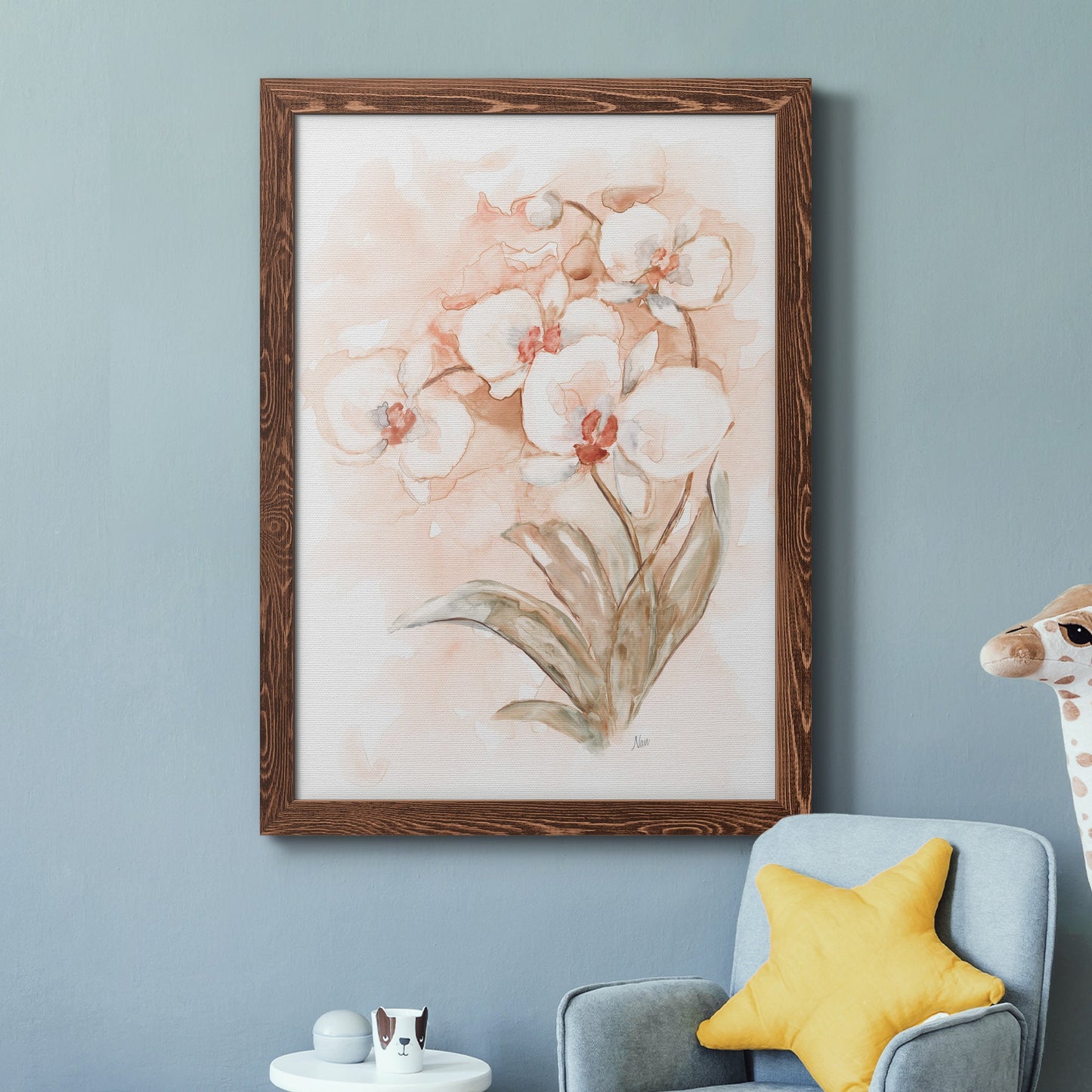 White and Coral Orchid II - Barnwood Framed Canvas Print