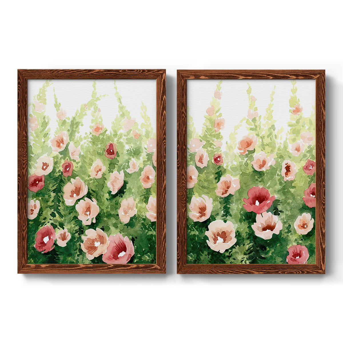 Set of two maple barnwood framed canvas prints featuring two luminous impressionistic floral paintings featuring a field of pink coral and white flowers.