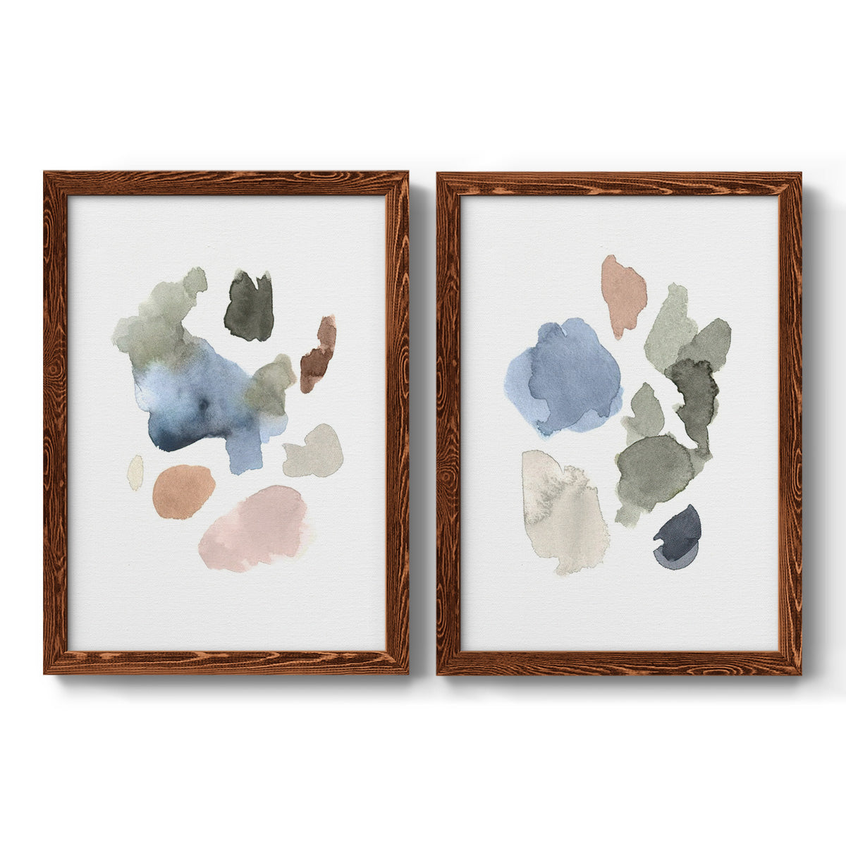 Set of two maple barnwood framed canvas prints featuring two airy minimalist abstracts featuring scattered translucent watercolor shapes.