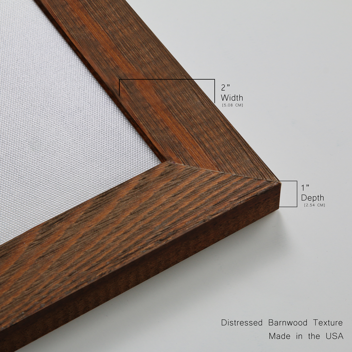 Close-up of the maple barnwood frame corner and gallery-wrapped canvas construction.