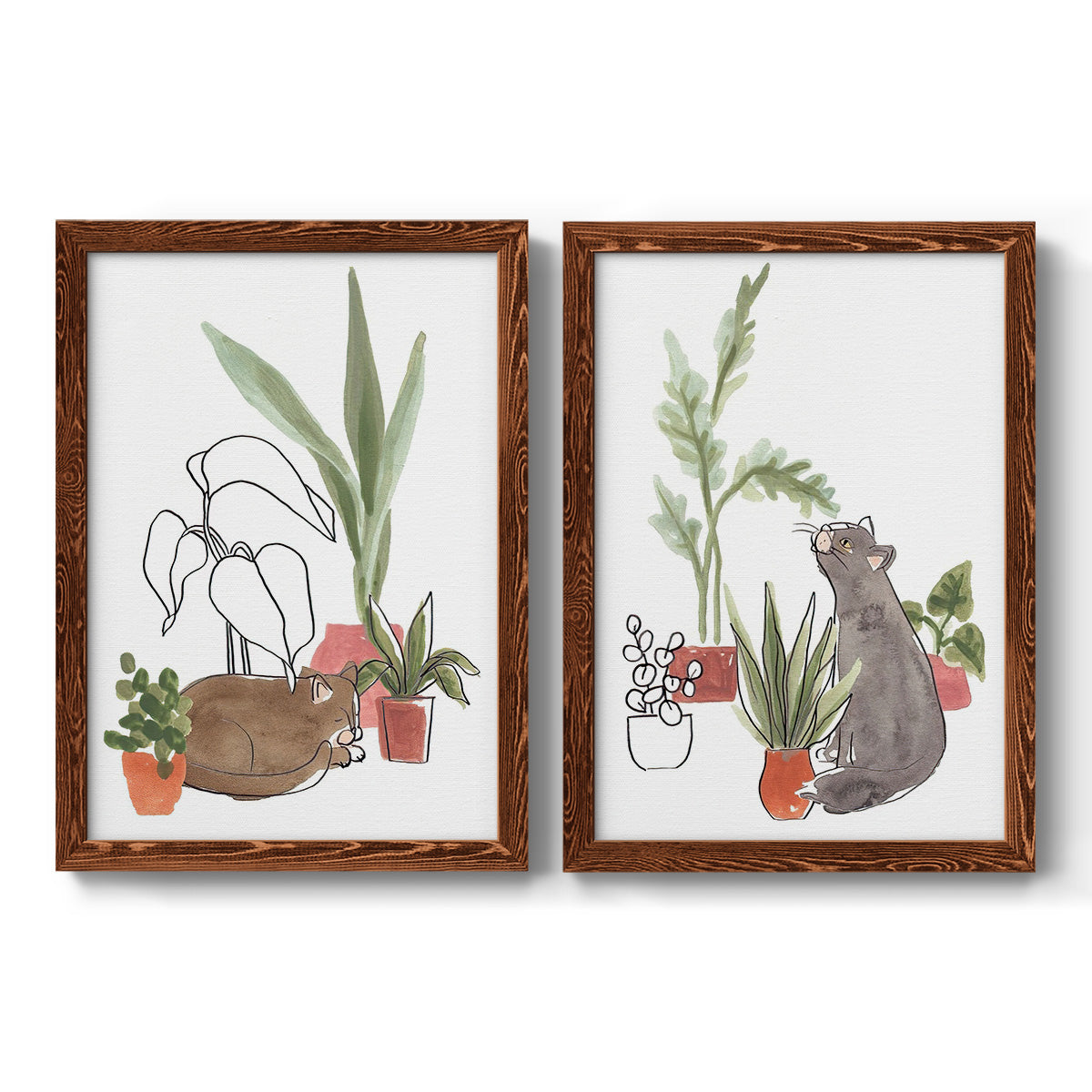 Set of two maple barnwood framed canvas prints featuring two whimsical botanical animal illustrations featuring cats tucked among collections of potted houseplants.