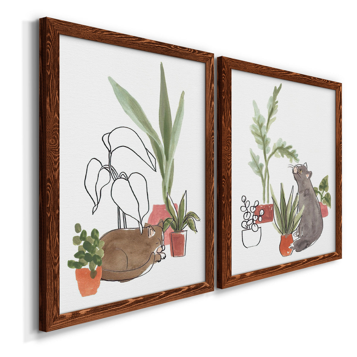 Angled view of a set of two maple barnwood framed canvas prints featuring two whimsical botanical animal illustrations featuring cats tucked among collections of potted houseplants.