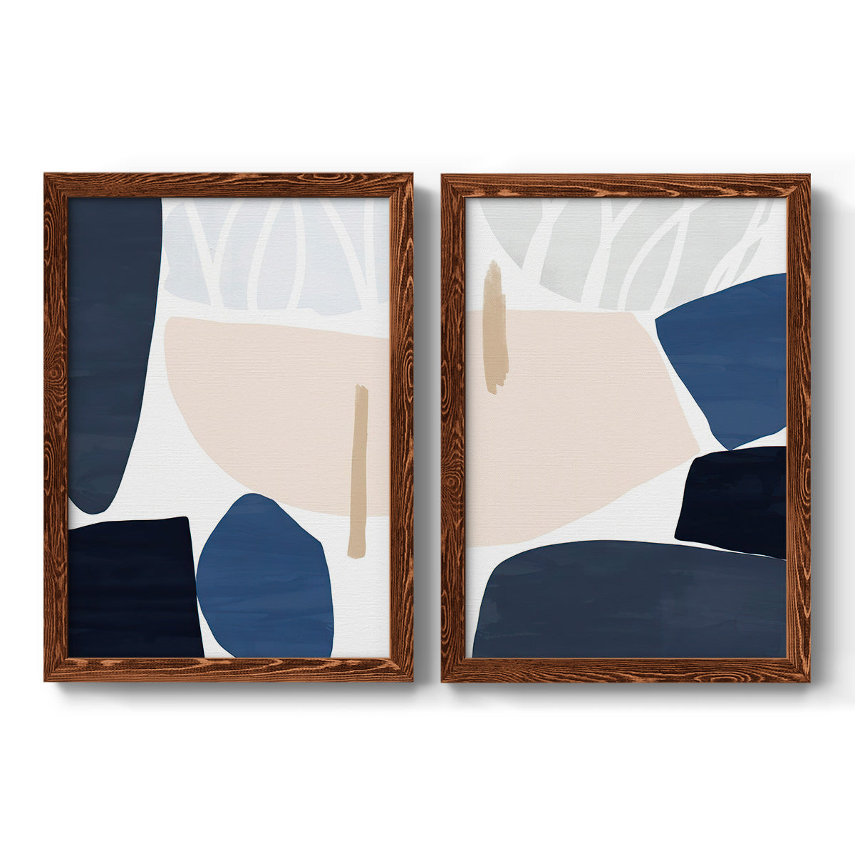 Set of two maple barnwood framed canvas prints featuring two minimalist color-block abstracts featuring large navy cream and beige organic geometric shapes.