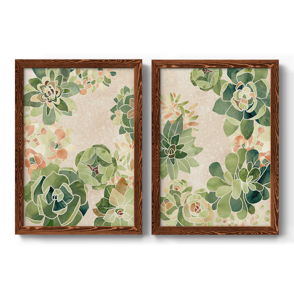 Set of two maple barnwood framed canvas prints featuring two decorative botanical pattern prints featuring dense repeating succulents and small flowers.