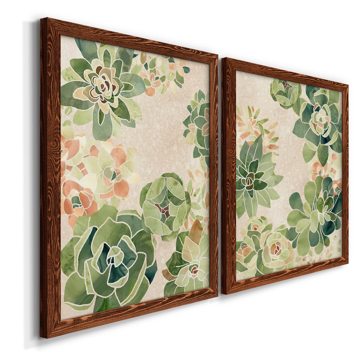Angled view of a set of two maple barnwood framed canvas prints featuring two decorative botanical pattern prints featuring dense repeating succulents and small flowers.
