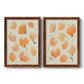 Set of two maple barnwood framed canvas prints featuring two airy watercolor floral paintings featuring loose peach-orange tulip-like blossoms.