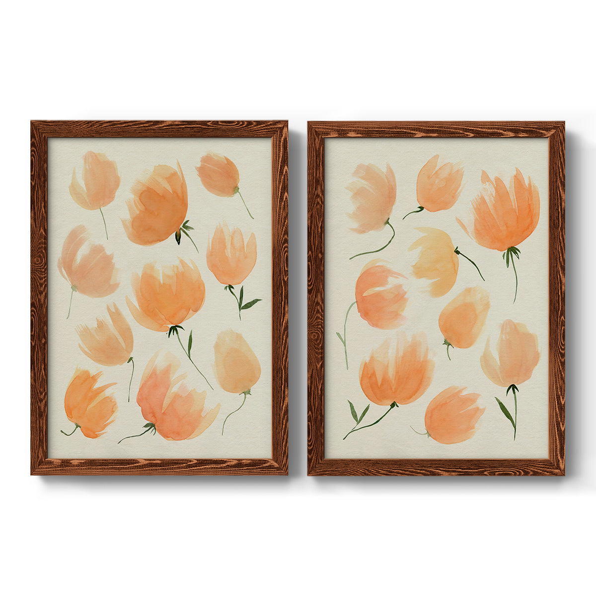 Set of two maple barnwood framed canvas prints featuring two airy watercolor floral paintings featuring loose peach-orange tulip-like blossoms.