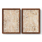 Set of two maple barnwood framed canvas prints featuring two vintage decorative prints featuring ornate cream floral damask patterns.