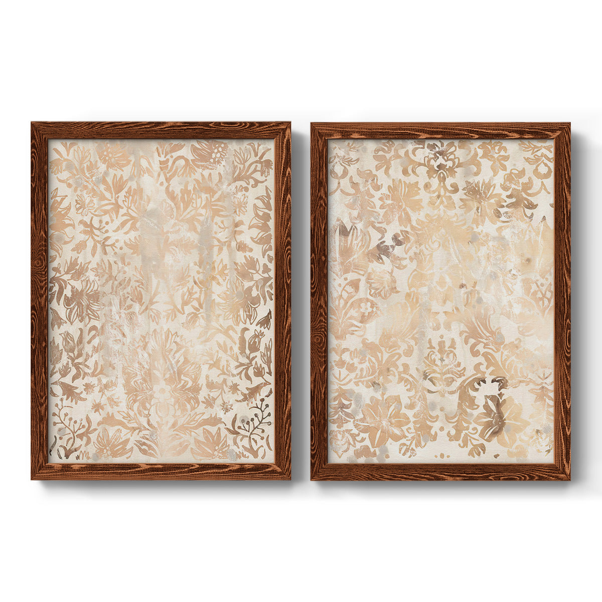 Set of two maple barnwood framed canvas prints featuring two vintage decorative prints featuring ornate cream floral damask patterns.