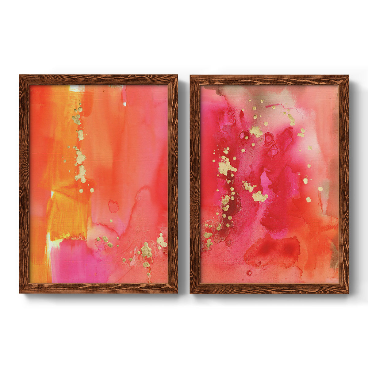 Set of two maple barnwood framed canvas prints featuring two glamorous fluid abstracts featuring luminous coral orange and pink color fields with gold flecks.