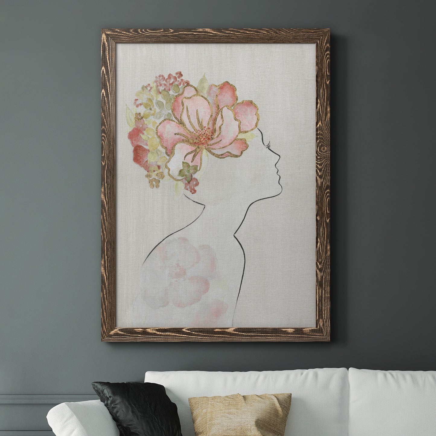 Fashion Floral Silhouette I - Barnwood Framed Canvas Print