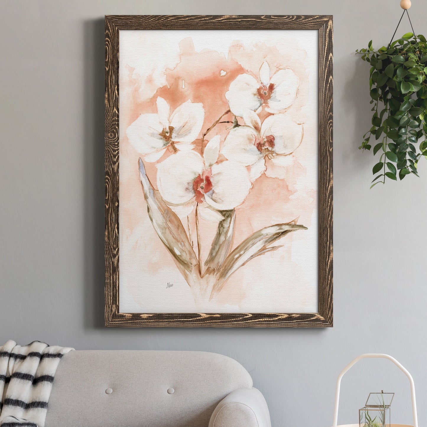 White and Coral Orchid I - Barnwood Framed Canvas Print