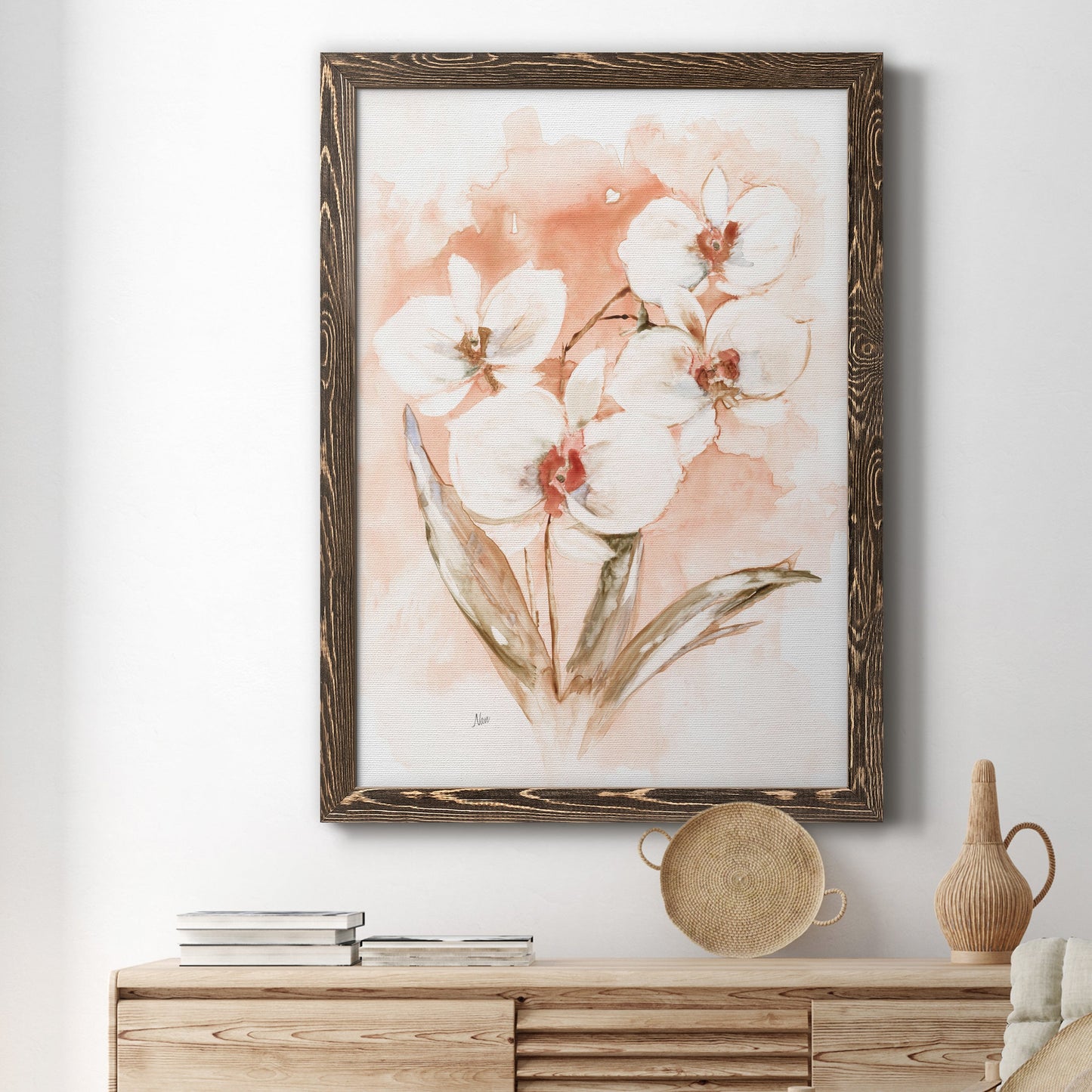 White and Coral Orchid I - Barnwood Framed Canvas Print