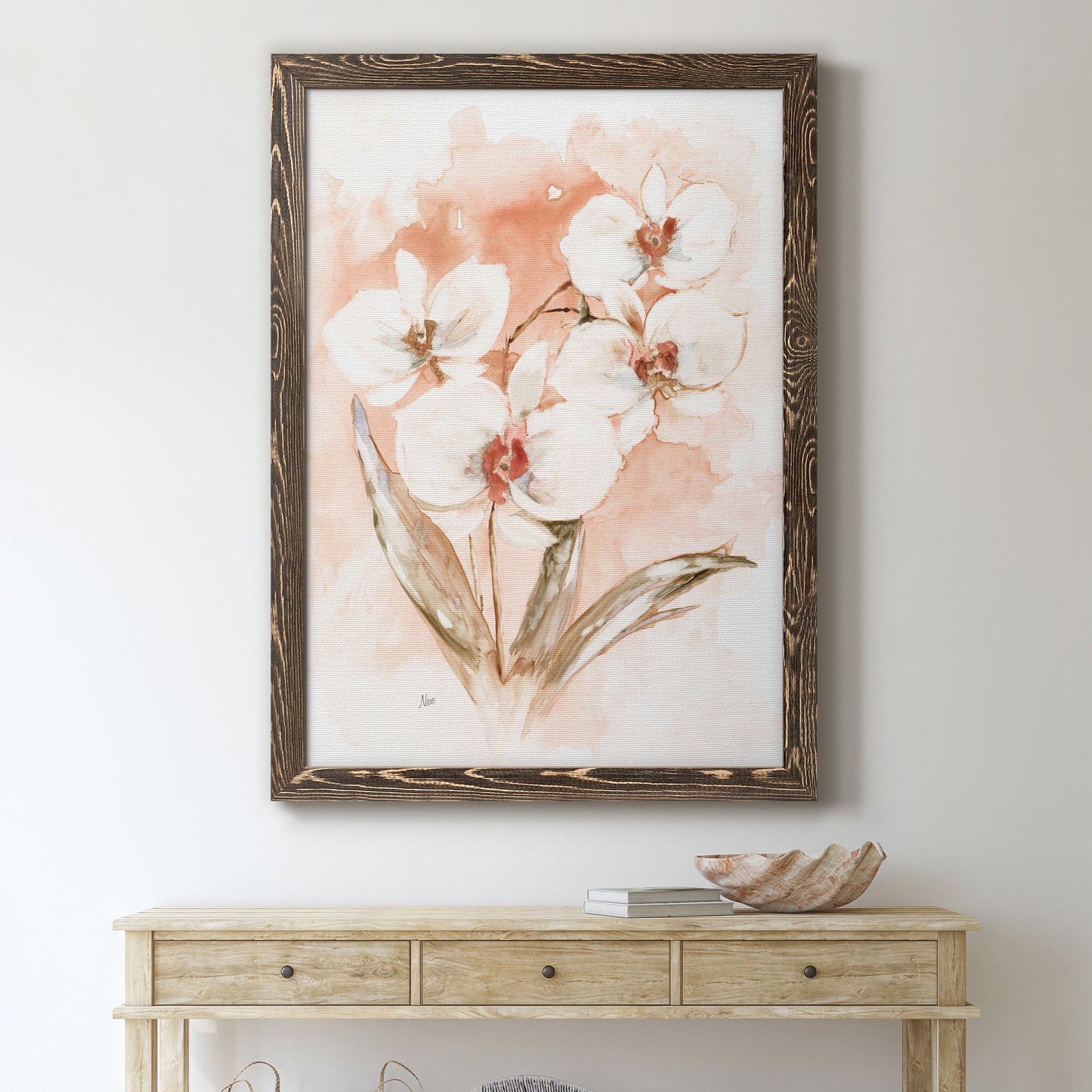White and Coral Orchid I - Barnwood Framed Canvas Print