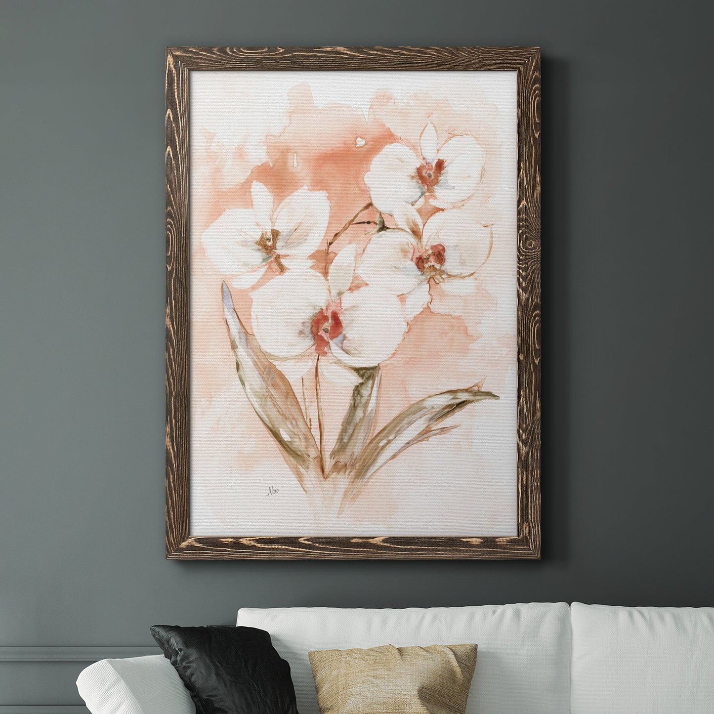 White and Coral Orchid I - Barnwood Framed Canvas Print