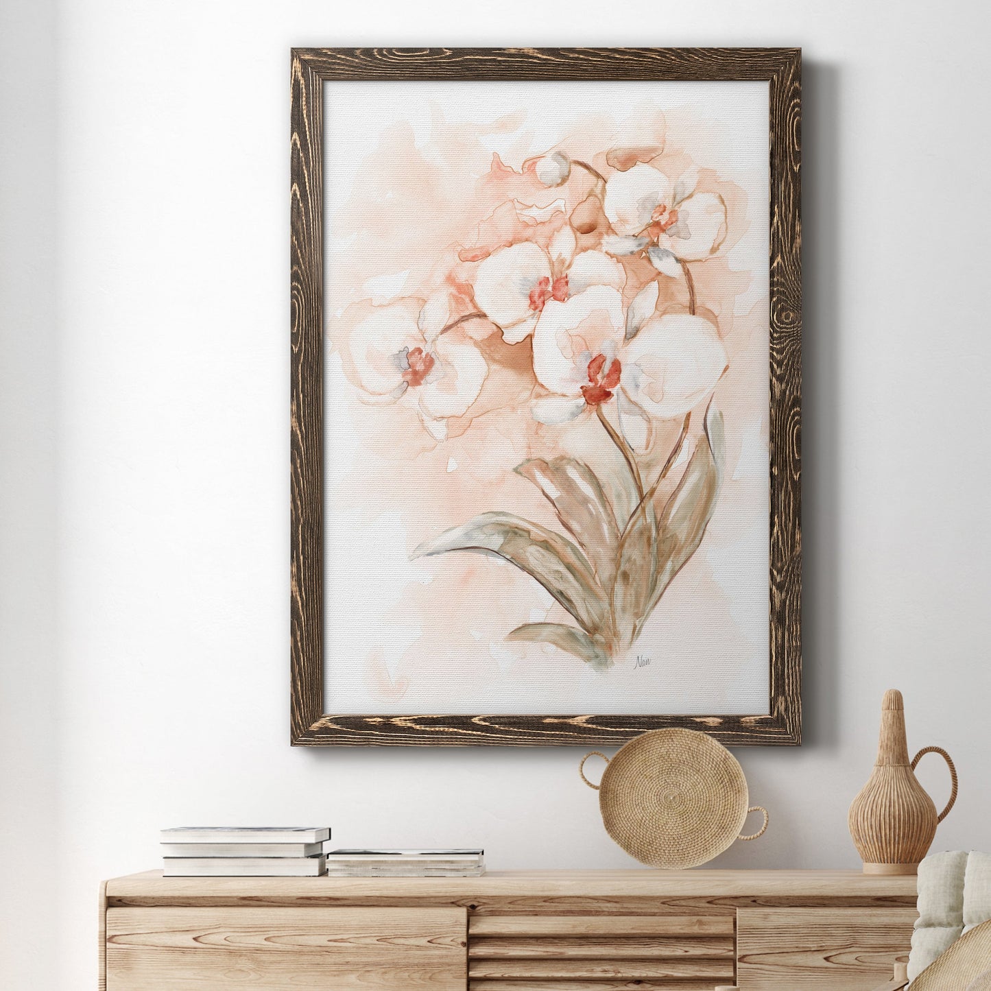 White and Coral Orchid II - Barnwood Framed Canvas Print