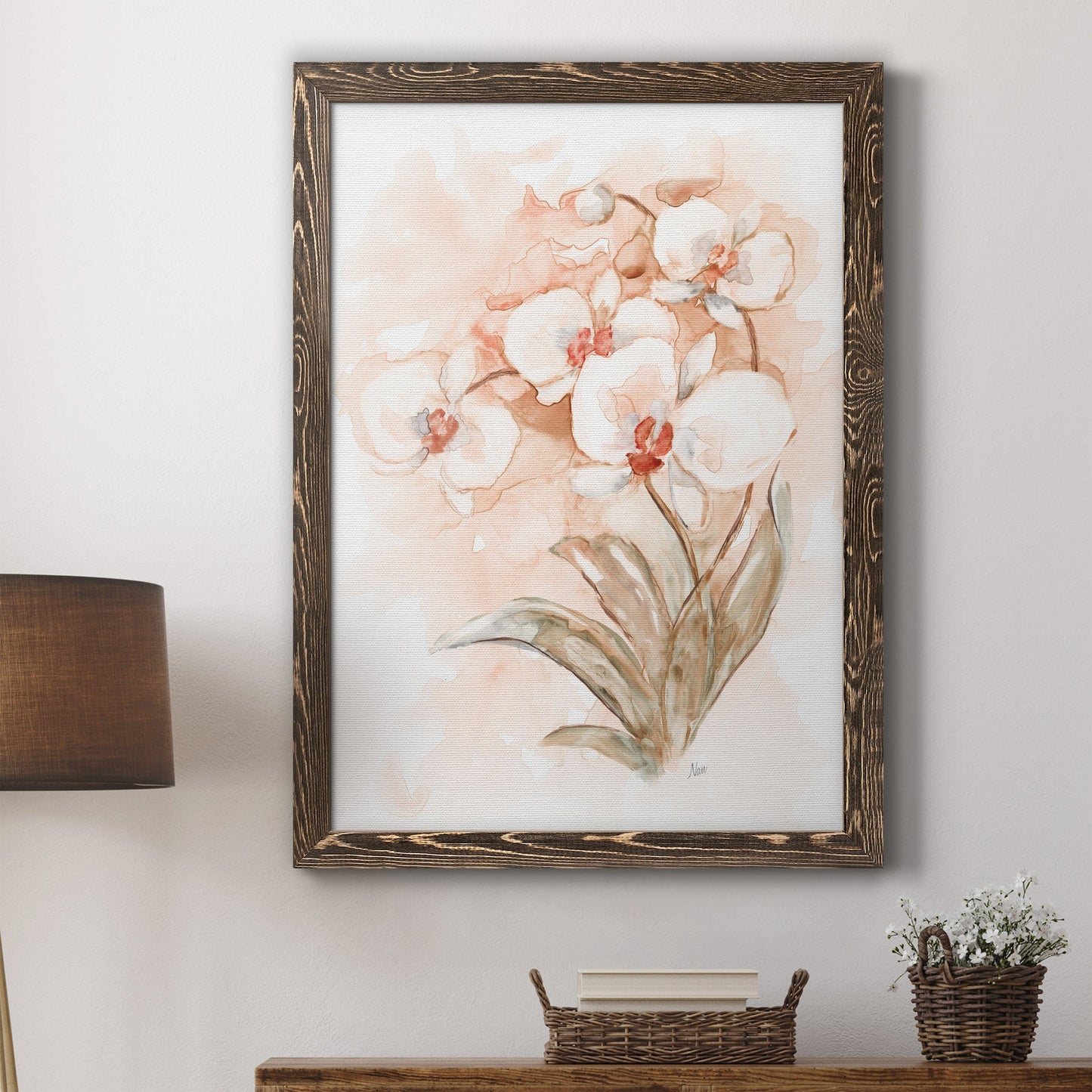 White and Coral Orchid II - Barnwood Framed Canvas Print