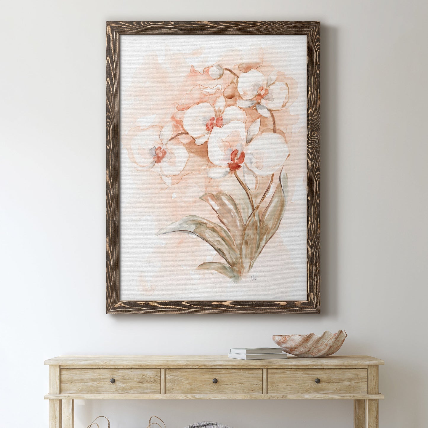 White and Coral Orchid II - Barnwood Framed Canvas Print