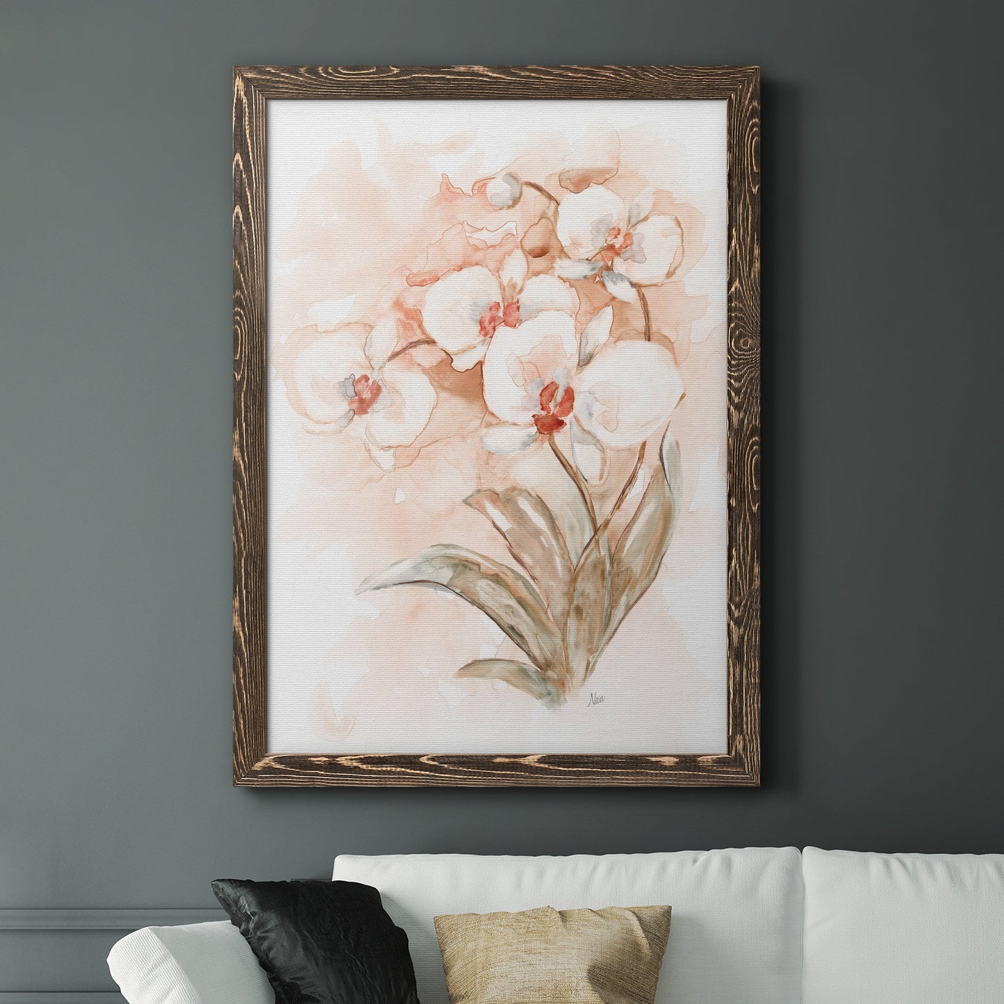 White and Coral Orchid II - Barnwood Framed Canvas Print