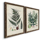 Angled view of a set of two walnut barnwood framed canvas prints featuring two natural-history fern plates featuring vintage fern specimens with botanical details.