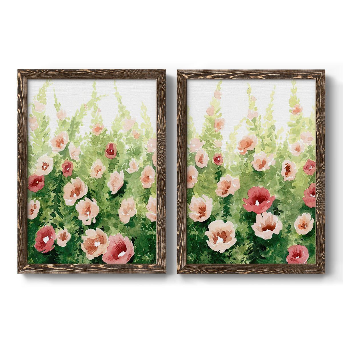 Set of two walnut barnwood framed canvas prints featuring two luminous impressionistic floral paintings featuring a field of pink coral and white flowers.