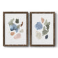 Set of two walnut barnwood framed canvas prints featuring two airy minimalist abstracts featuring scattered translucent watercolor shapes.