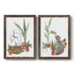 Set of two walnut barnwood framed canvas prints featuring two whimsical botanical animal illustrations featuring cats tucked among collections of potted houseplants.