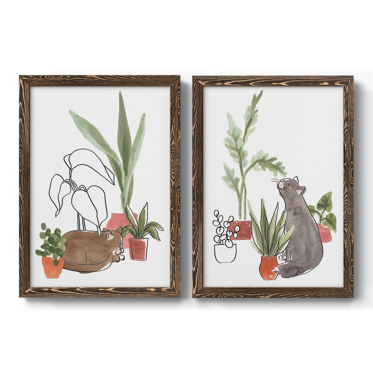Set of two walnut barnwood framed canvas prints featuring two whimsical botanical animal illustrations featuring cats tucked among collections of potted houseplants.