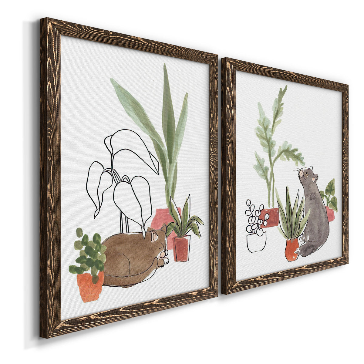 Angled view of a set of two walnut barnwood framed canvas prints featuring two whimsical botanical animal illustrations featuring cats tucked among collections of potted houseplants.