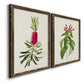 Angled view of a set of two walnut barnwood framed canvas prints featuring two vintage botanical plate illustrations featuring pink flowering plant specimens.
