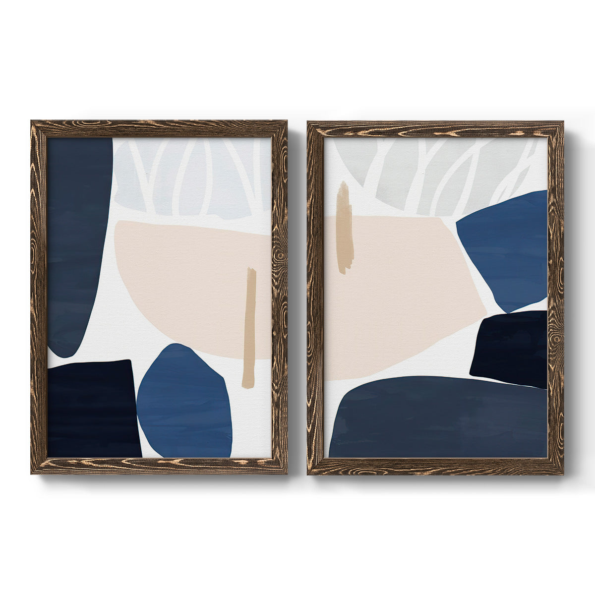 Set of two walnut barnwood framed canvas prints featuring two minimalist color-block abstracts featuring large navy cream and beige organic geometric shapes.