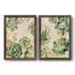 Set of two walnut barnwood framed canvas prints featuring two decorative botanical pattern prints featuring dense repeating succulents and small flowers.