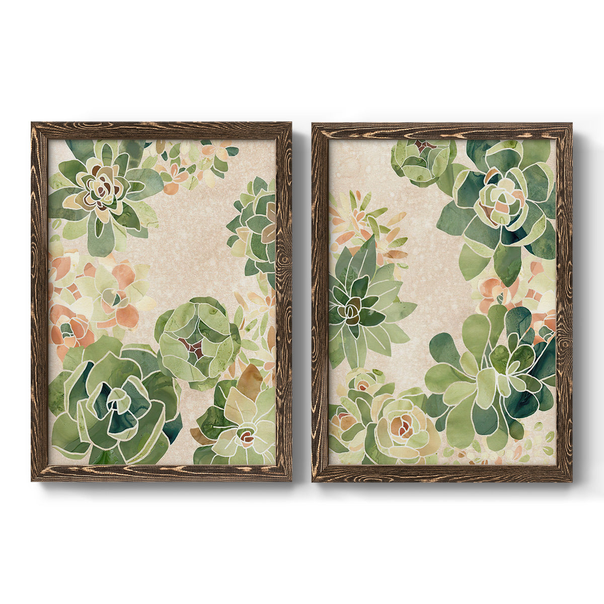 Set of two walnut barnwood framed canvas prints featuring two decorative botanical pattern prints featuring dense repeating succulents and small flowers.