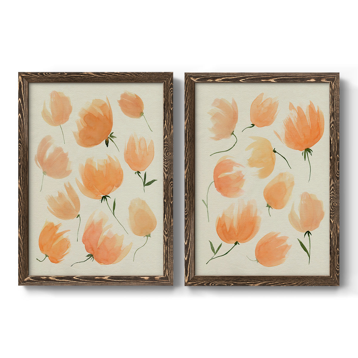 Set of two walnut barnwood framed canvas prints featuring two airy watercolor floral paintings featuring loose peach-orange tulip-like blossoms.