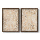 Set of two walnut barnwood framed canvas prints featuring two vintage decorative prints featuring ornate cream floral damask patterns.