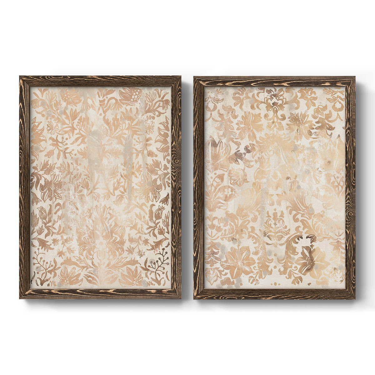 Set of two walnut barnwood framed canvas prints featuring two vintage decorative prints featuring ornate cream floral damask patterns.