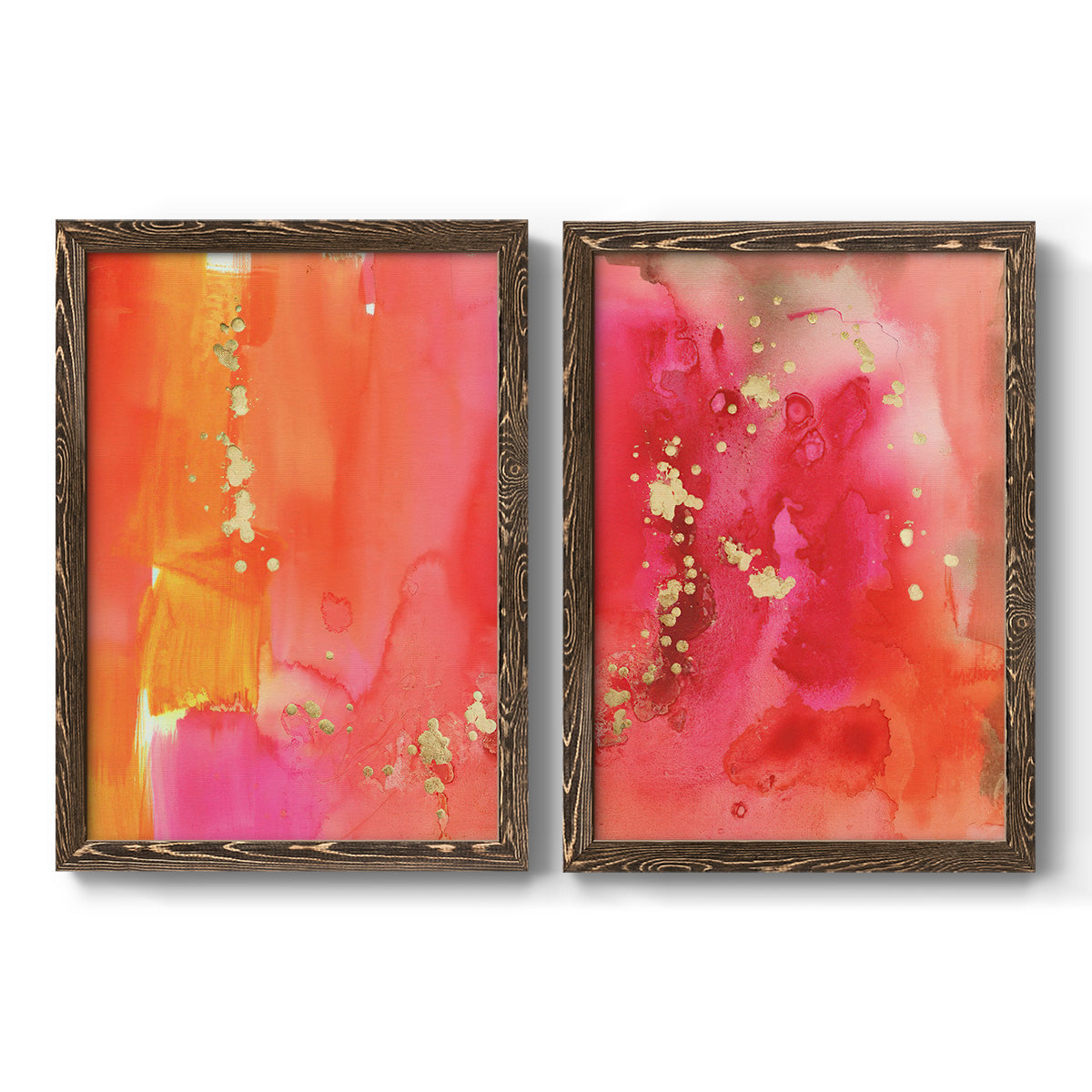 Set of two walnut barnwood framed canvas prints featuring two glamorous fluid abstracts featuring luminous coral orange and pink color fields with gold flecks.