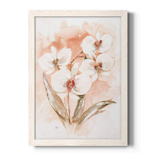 White and Coral Orchid I - Barnwood Framed Canvas Print