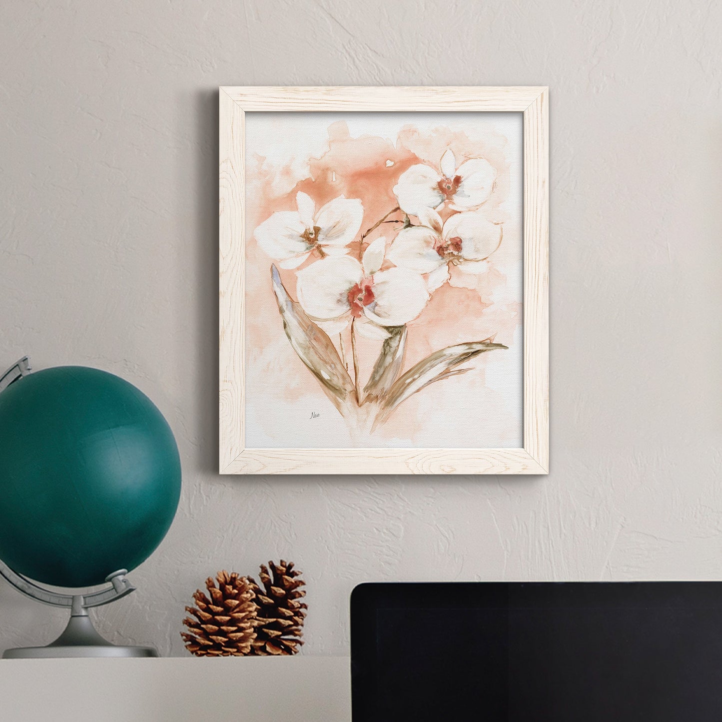 White and Coral Orchid I - Barnwood Framed Canvas Print