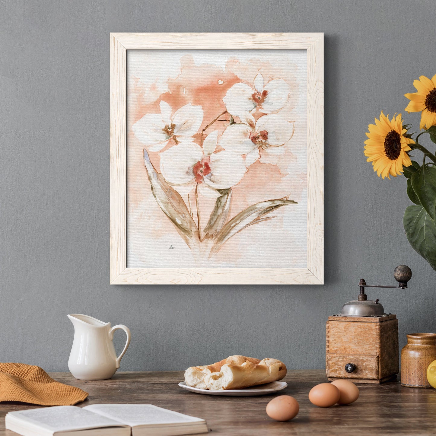 White and Coral Orchid I - Barnwood Framed Canvas Print